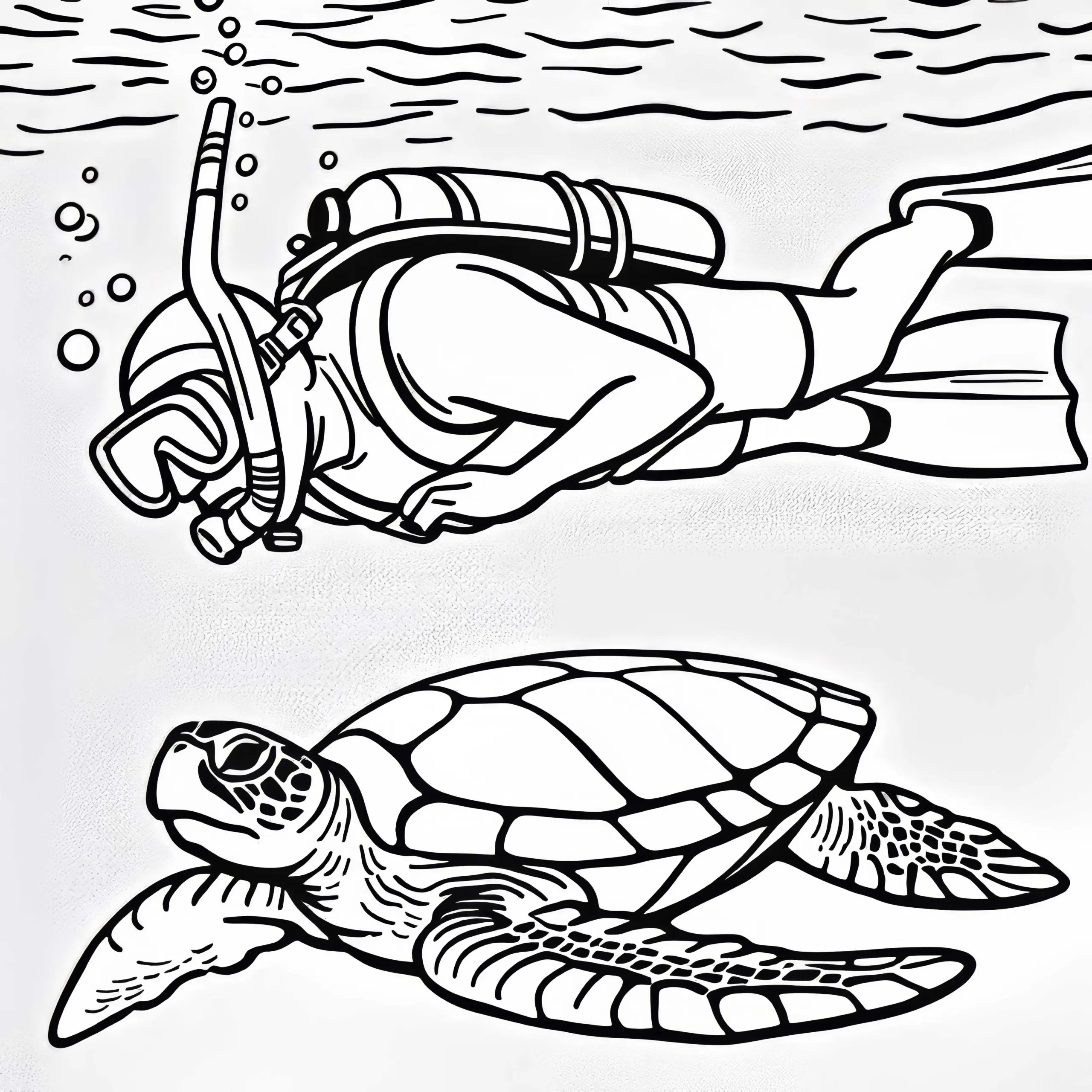 Schildkröte schwimmt neugierig unter Schnorchler – Ausmalbild kostenlos