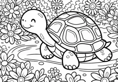 Schildkröte spaziert durch den Garten mit Blumen – Malvorlage kostenlos