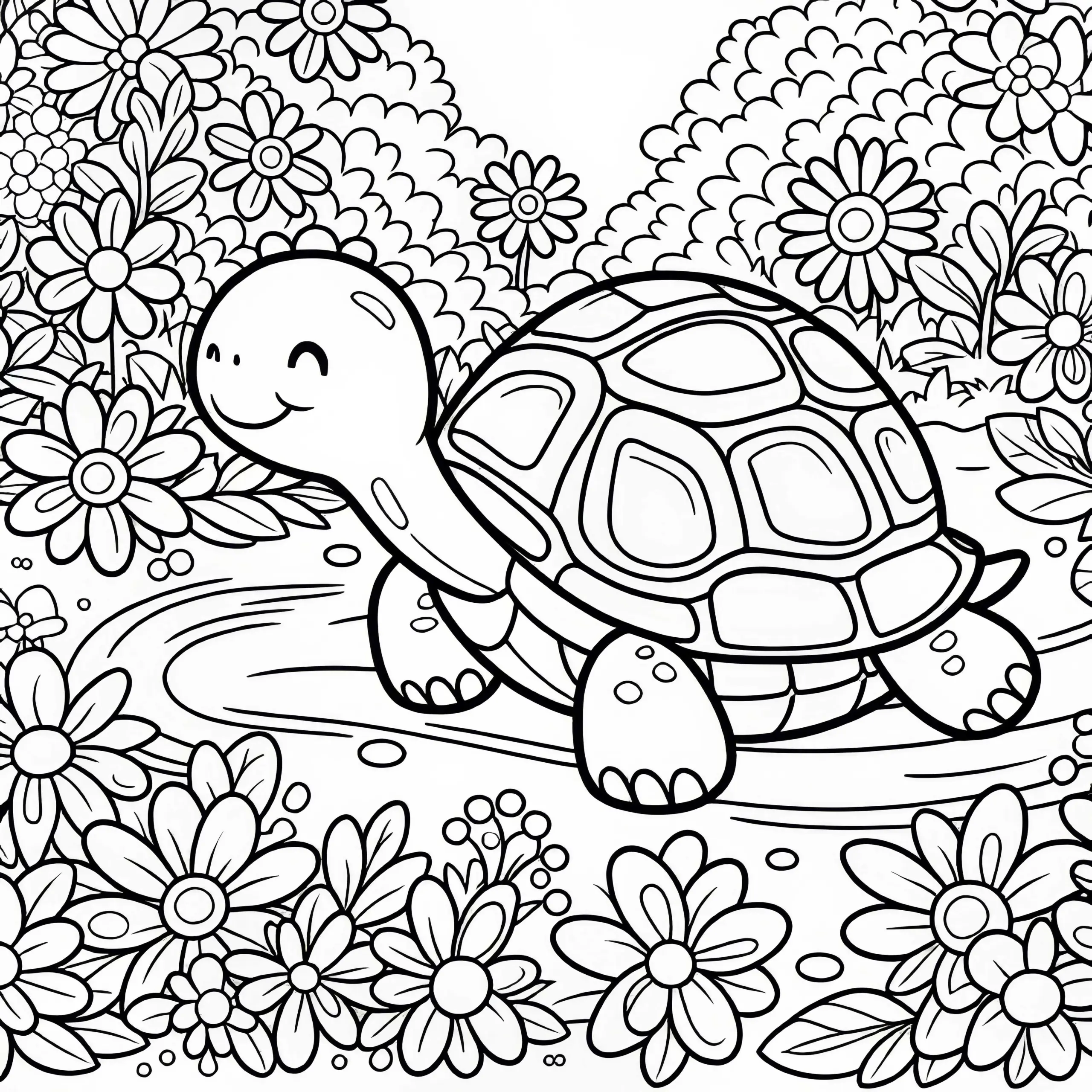 Schildkröte spaziert durch den Garten mit Blumen – Malvorlage kostenlos (Ausmalbild)