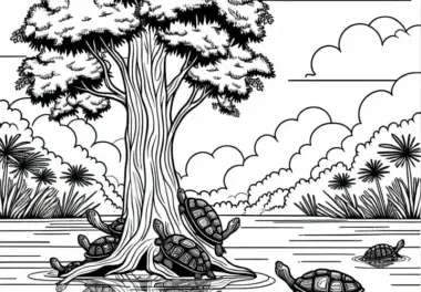 Schildkröten auf Baumstamm im Wasser eines Sumpfes – Ausmalbild kostenlos
