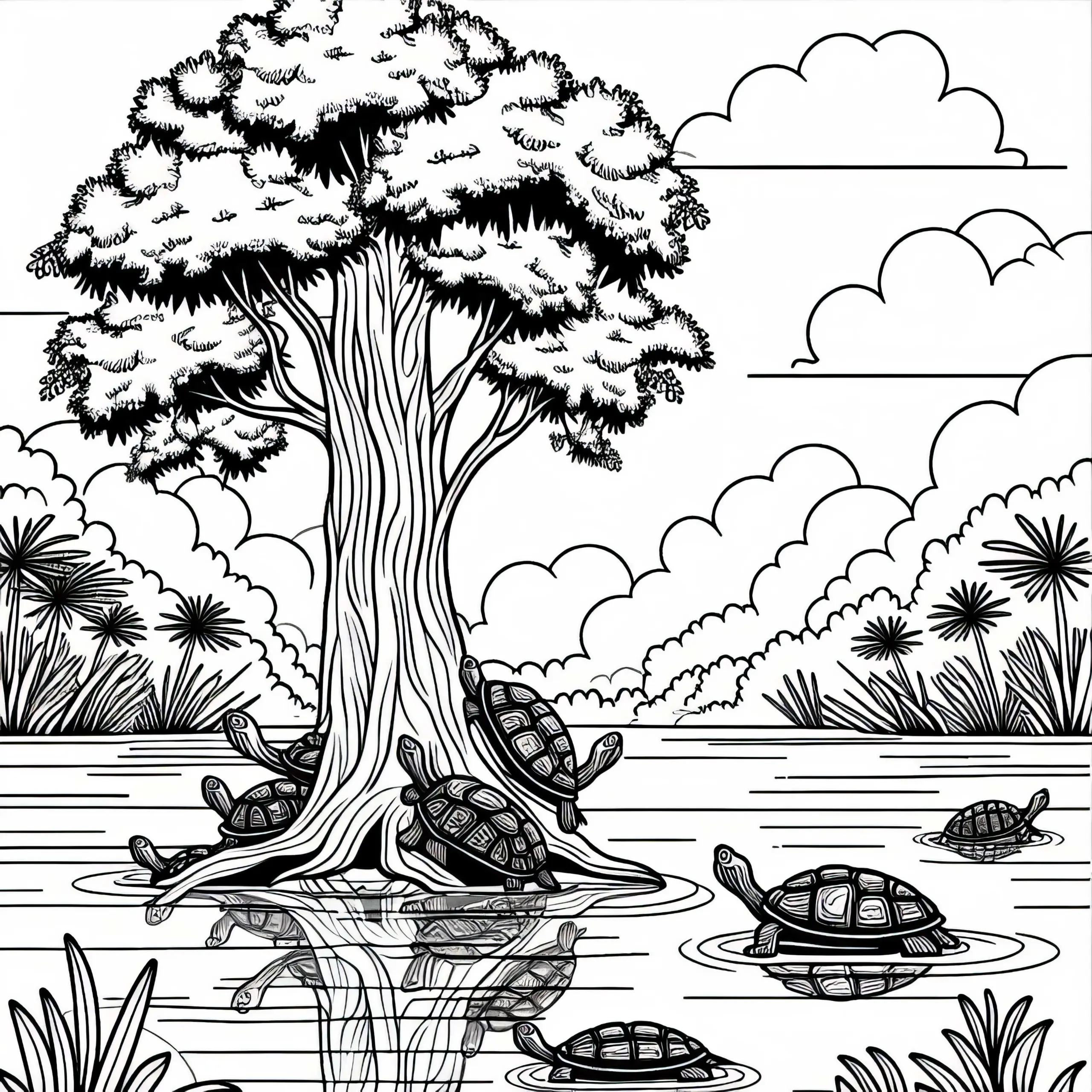 Schildkröten auf Baumstamm im Wasser eines Sumpfes – Ausmalbild kostenlos