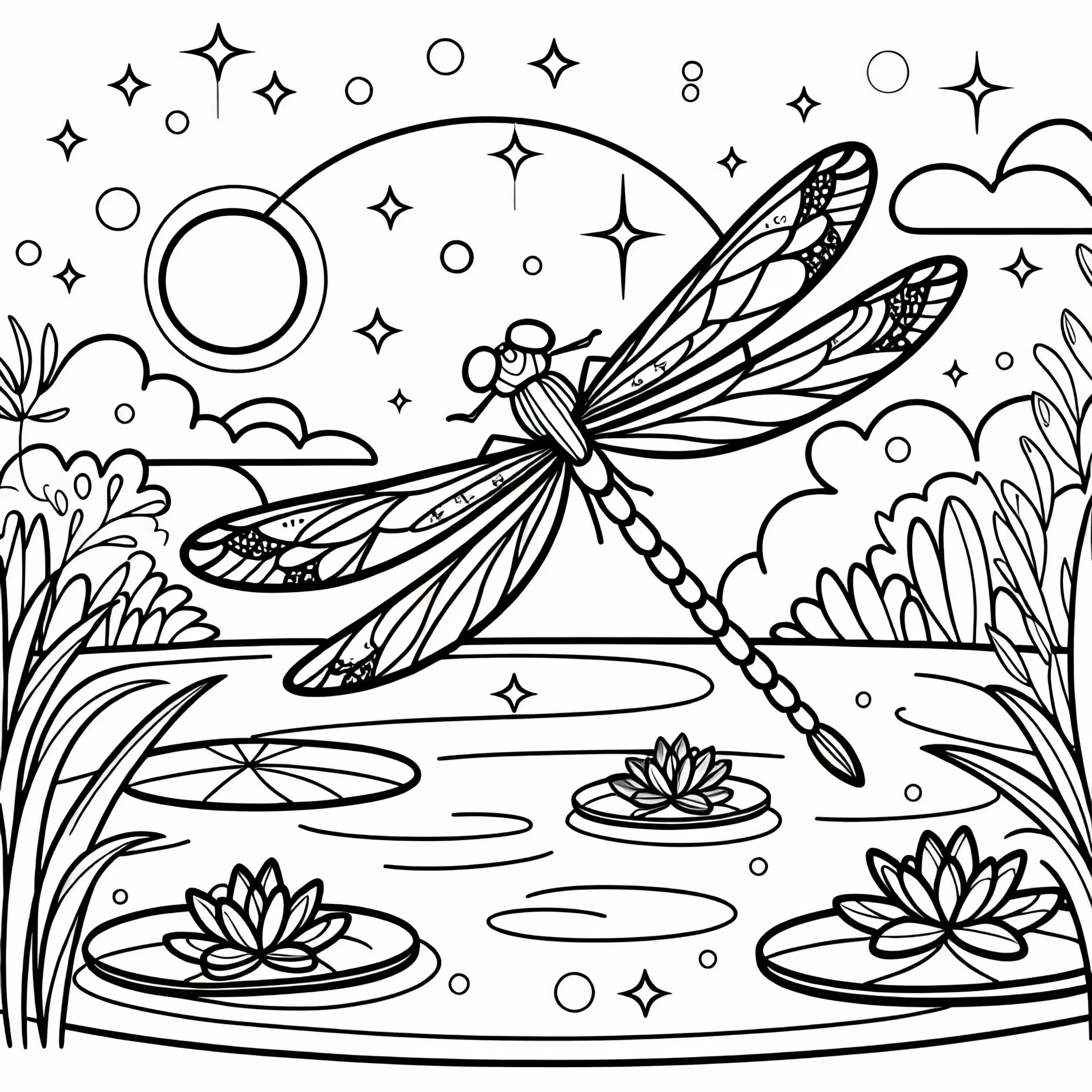 Schillernde Libelle über einem Teich: Kostenloses Ausmalbild