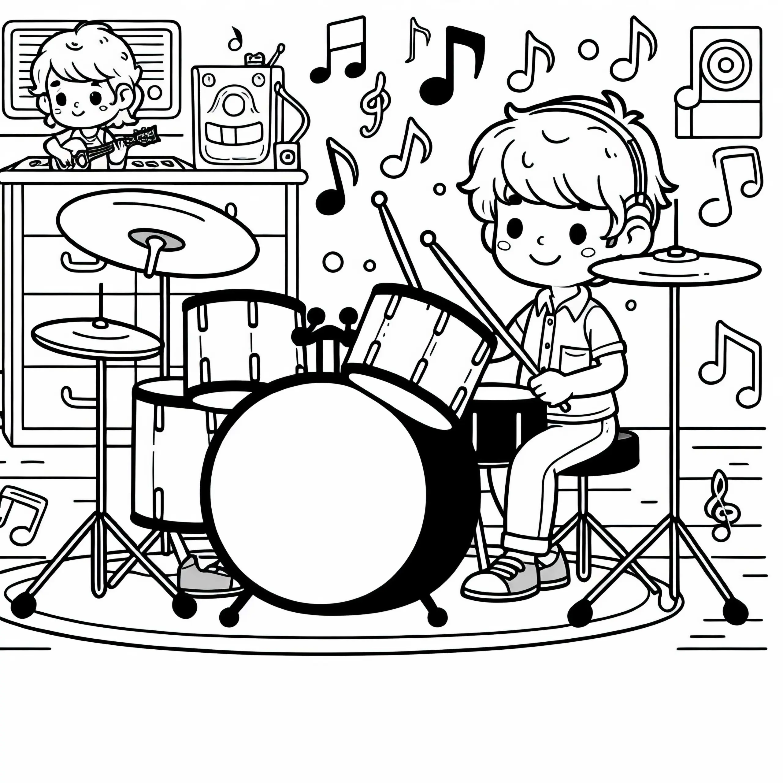 Schlagzeug spielen: Ausmalvorlage für dein musikalisches Hobby kostenlos (Ausmalbild)