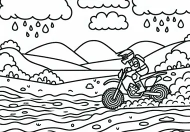 Schlammiger Parcours im Motorradsport – Ausmalbild kostenlos