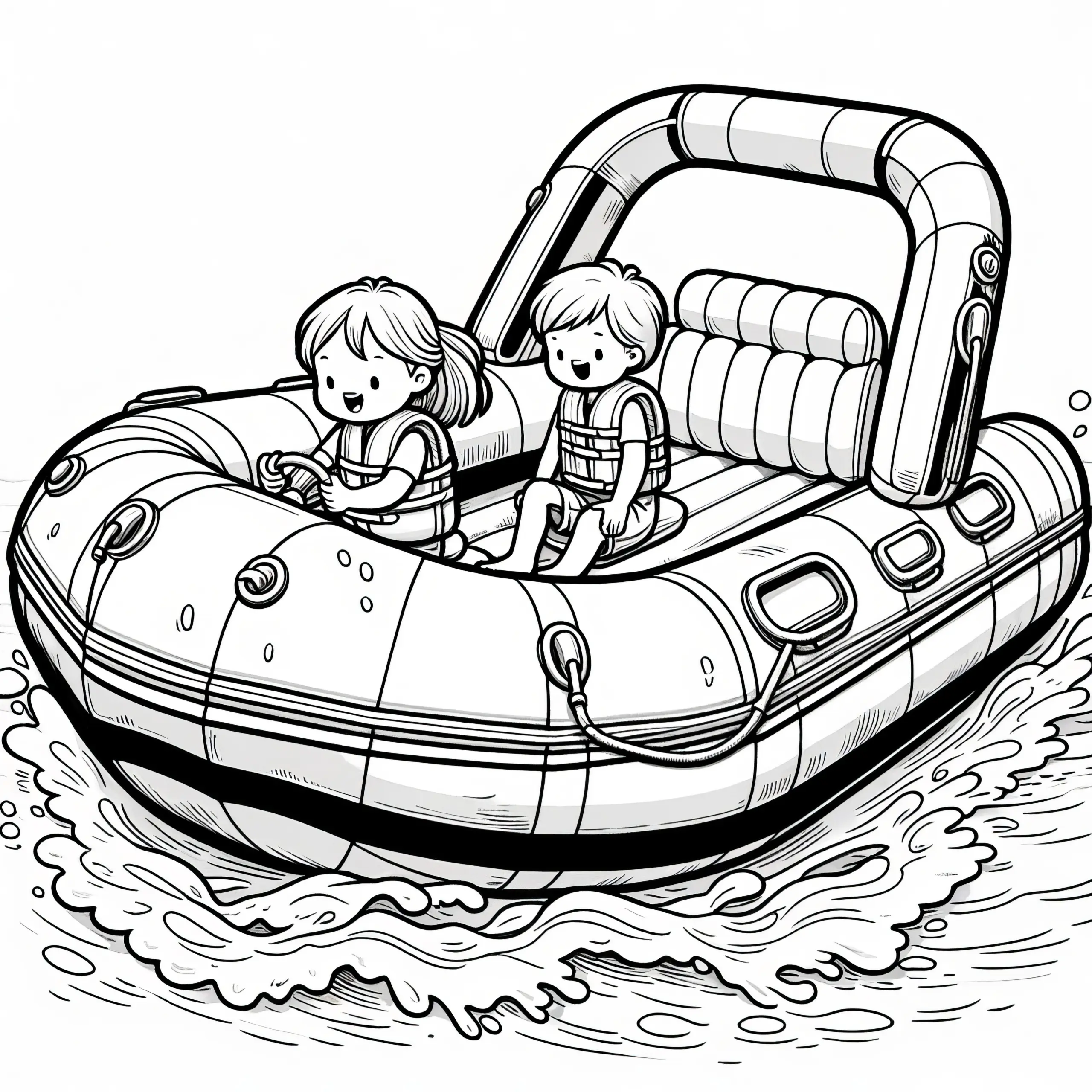Schlauchboot mit Kindern im Wasser: Malvorlage zum Download (Gratis) (Ausmalbild)