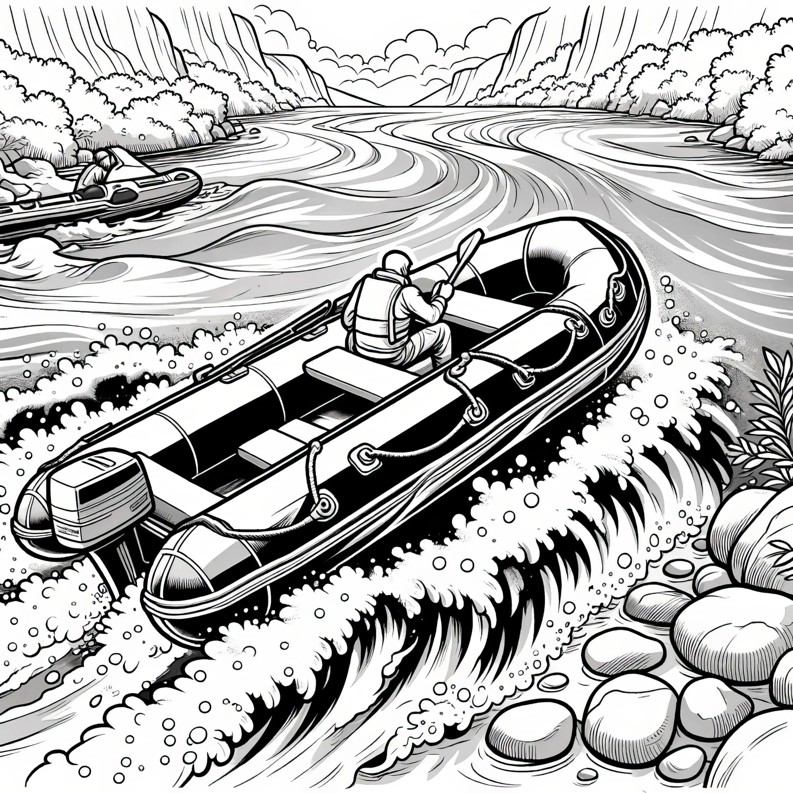 Schlauchboot mit Motor auf reißendem Fluss: Malvorlage (Kostenlos) (Ausmalbild)