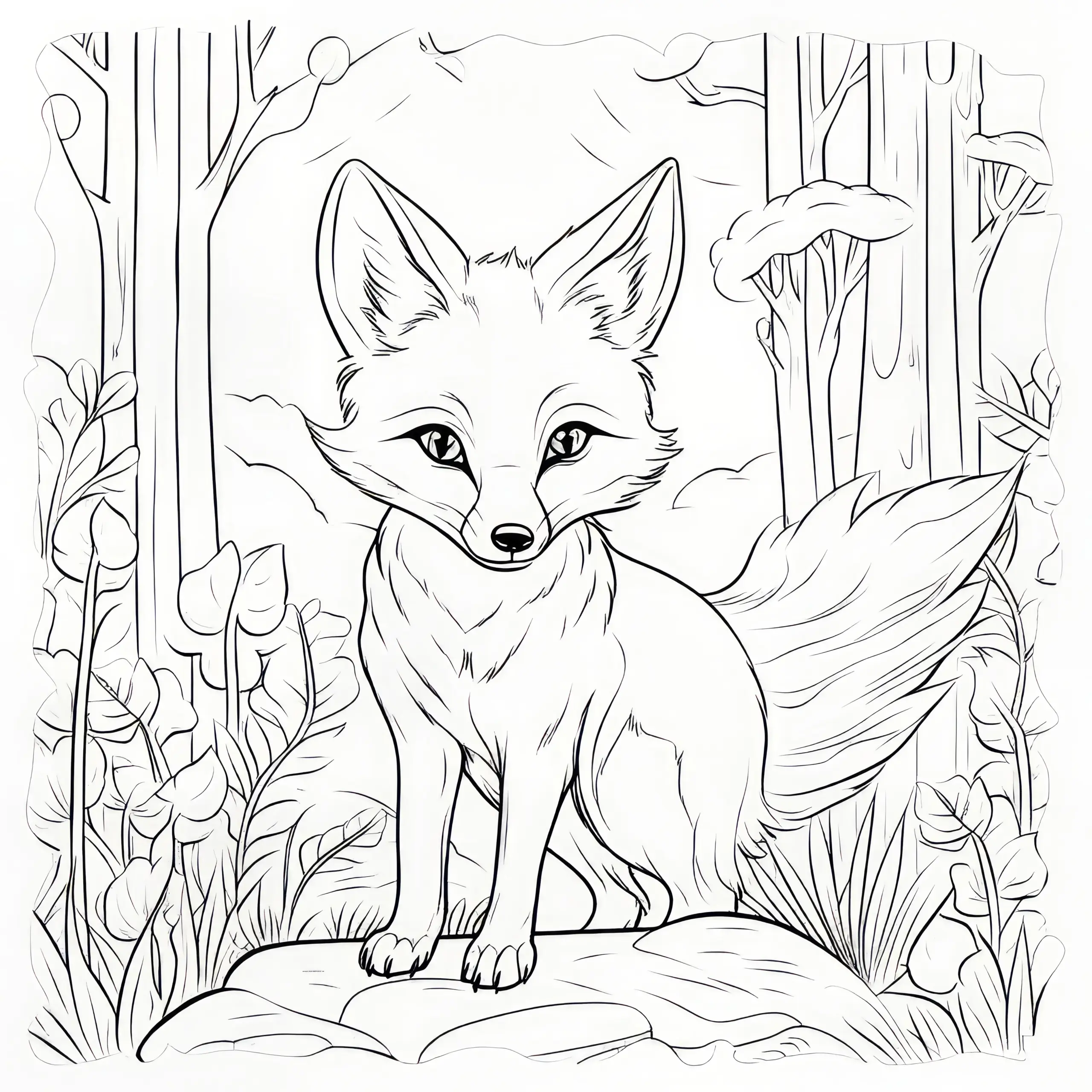 Schlauer Fuchs im Wald auf Felsen: Malvorlage zum Download (Gratis) (Ausmalbild)