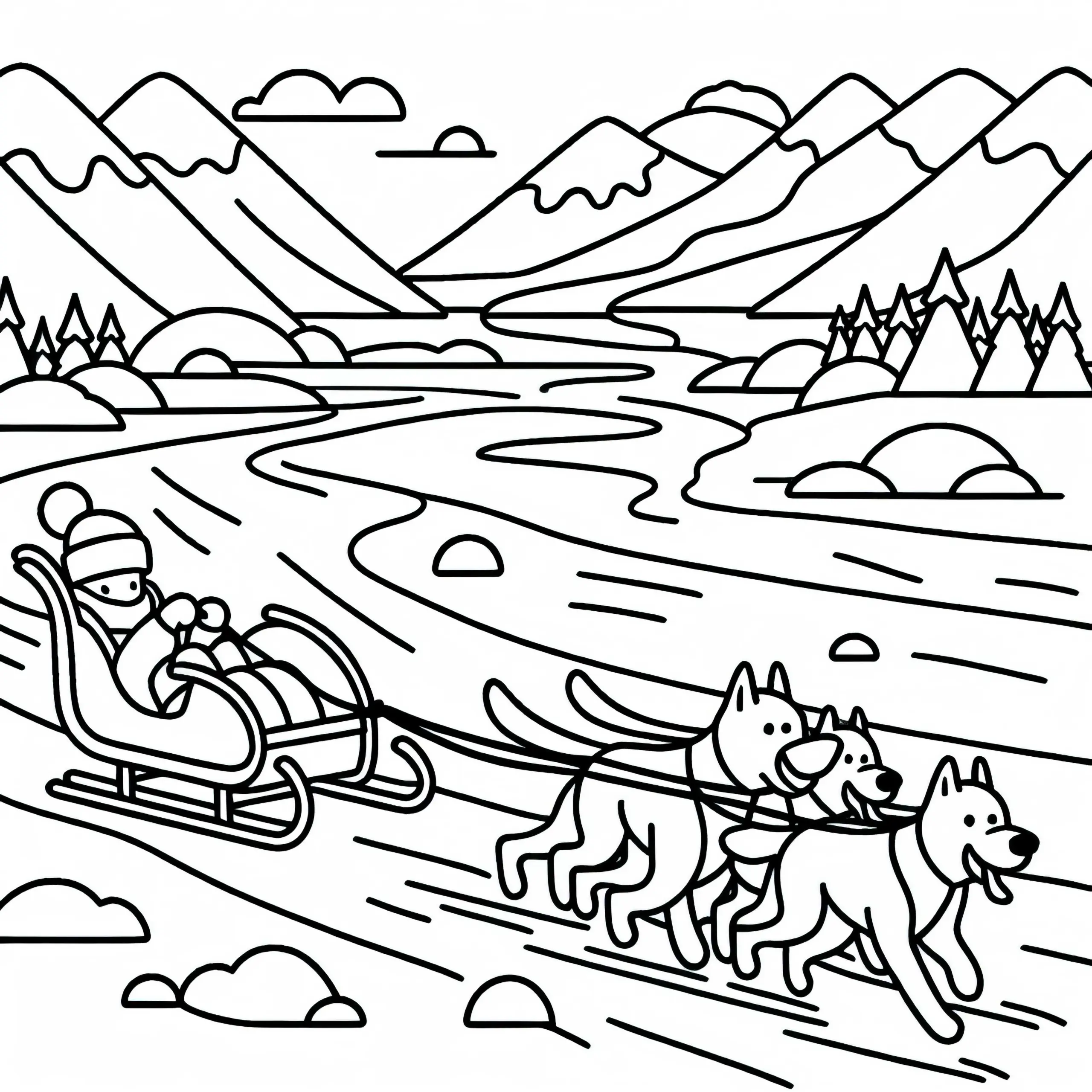 Schlitten gleitet beim Hundeschlittenrennen über vereisten Fluss – Malvorlage gratis (Ausmalbild)