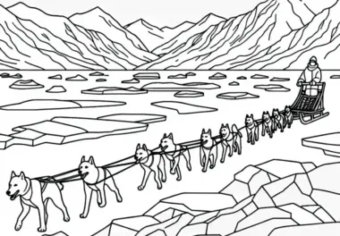 Schlittenhunde ziehen Musher durch die Eiswüste – Ausmalbild kostenlos