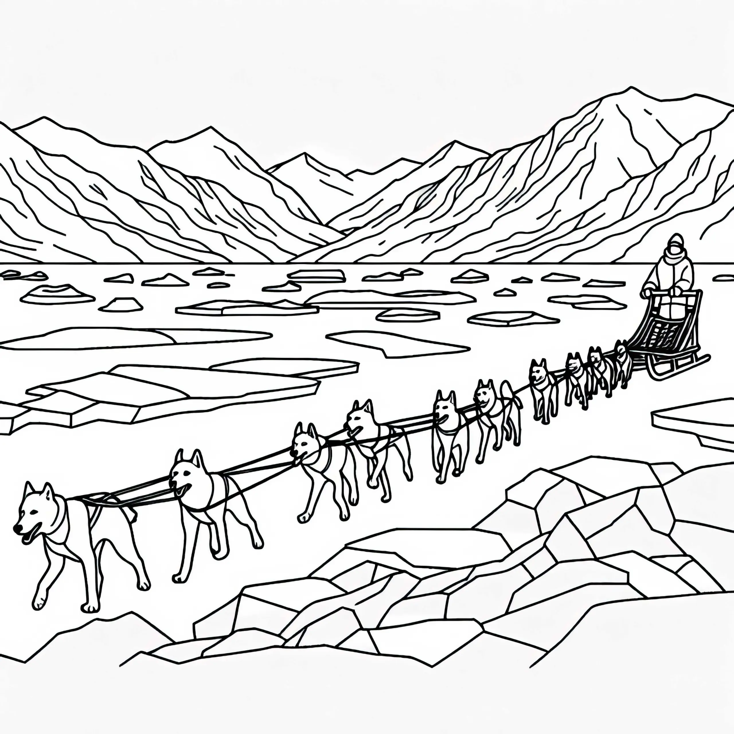 Schlittenhunde ziehen Musher durch die Eiswüste – Ausmalbild kostenlos