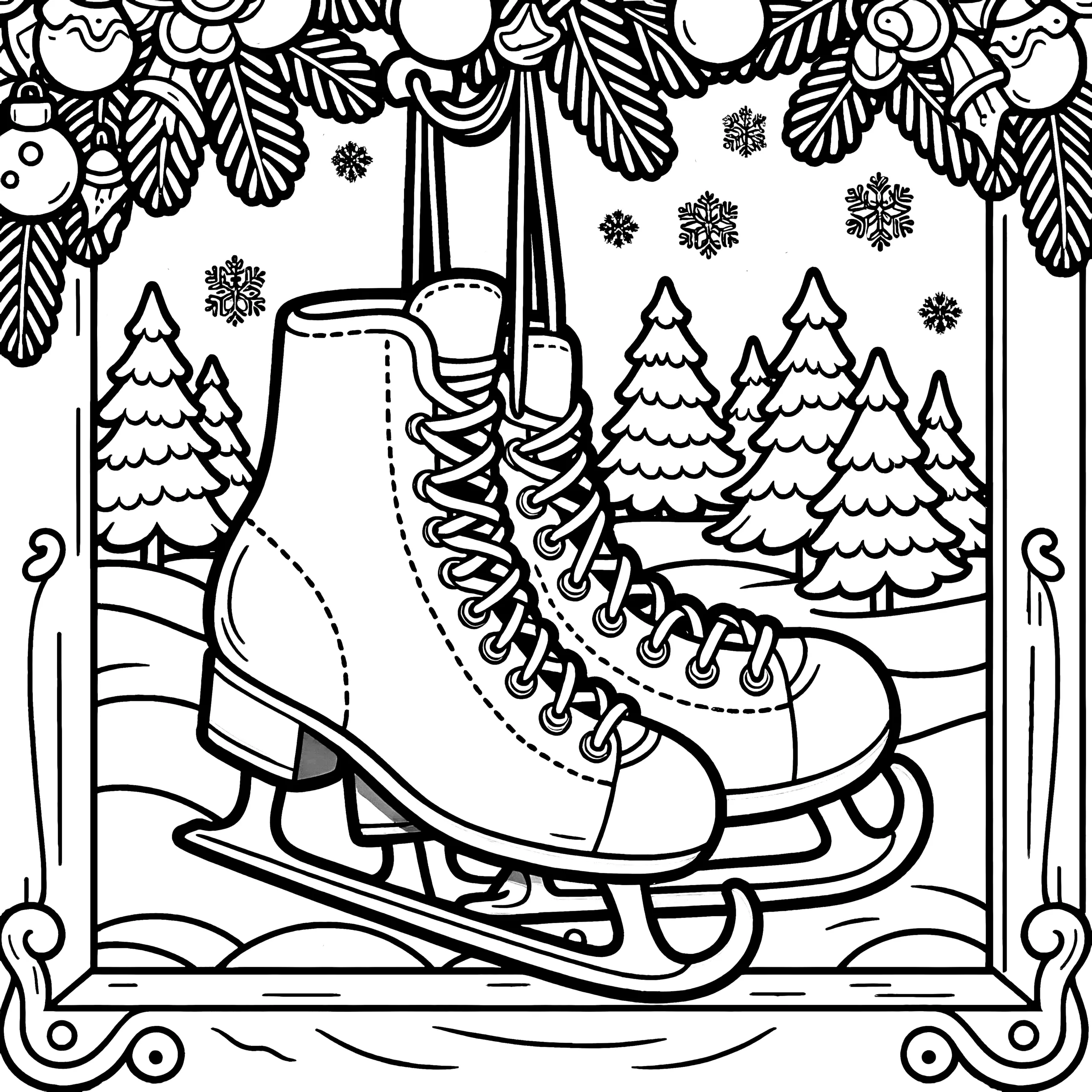 Schlittschuhe vor einer Winterlandschaft: Kostenloser Download (Ausmalbild)