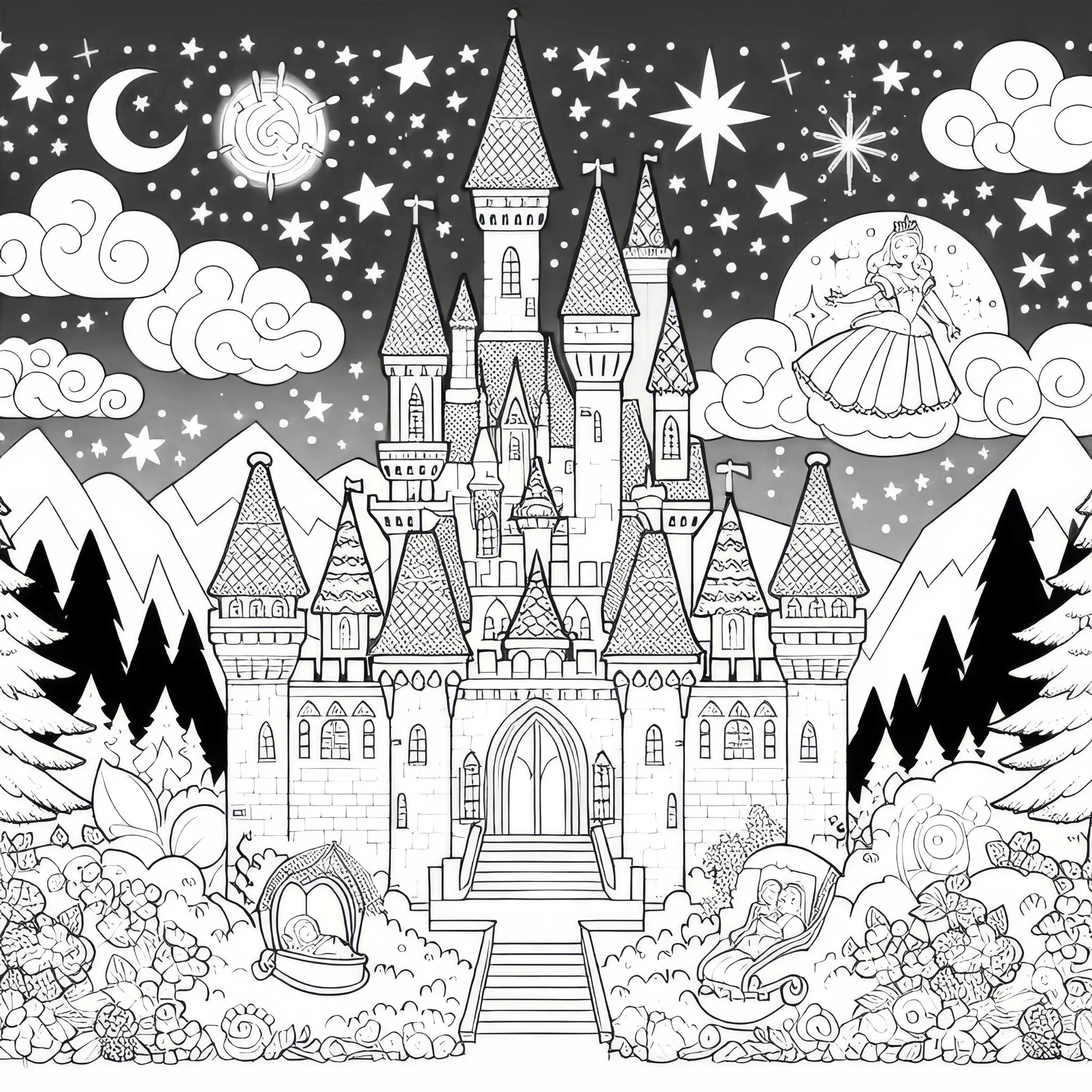 Schloss erwacht aus hundertjährigem Schlaf – Malvorlage (Ausmalbild)