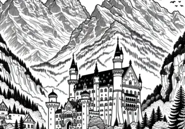 Schloss Neuschwanstein in Deutschland mit Alpenkulisse – Malvorlage für Europa