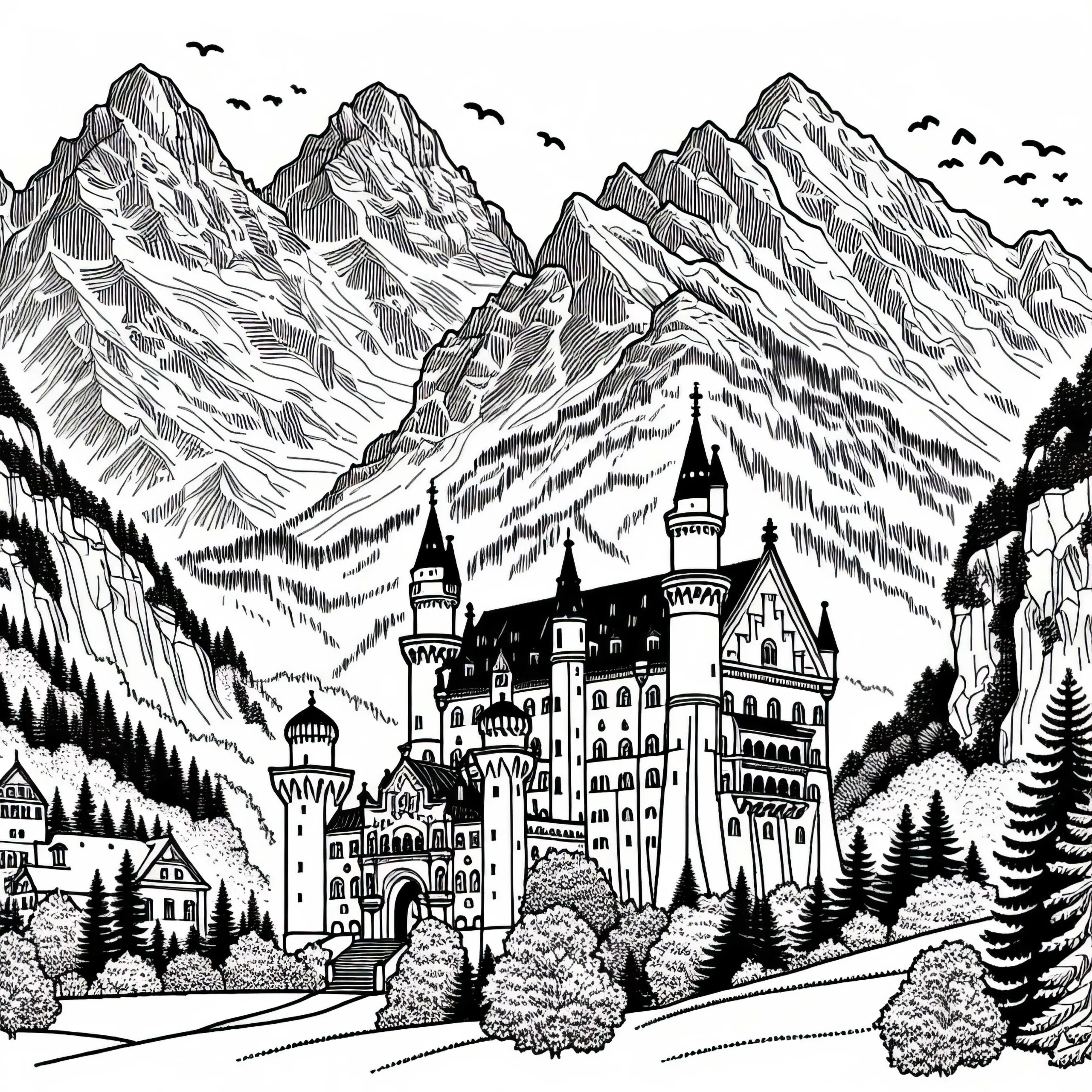 Schloss Neuschwanstein in Deutschland mit Alpenkulisse – Malvorlage für Europa (Ausmalbild)