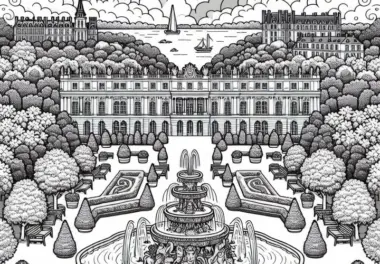 Schloss Versailles in Frankreich mit Brunnen und Garten – Malvorlage Europa kostenlos