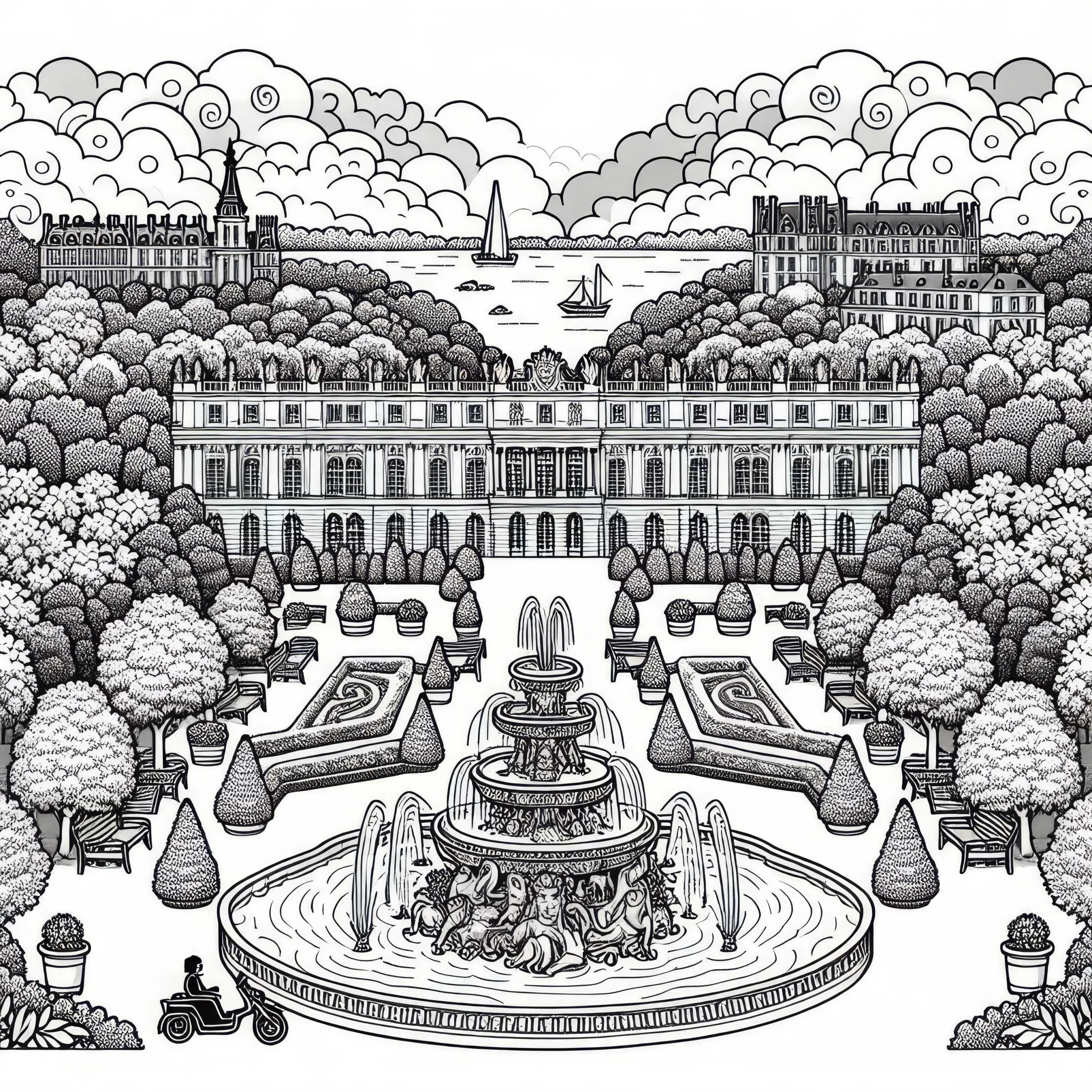 Schloss Versailles in Frankreich mit Brunnen und Garten – Malvorlage Europa kostenlos (Ausmalbild)