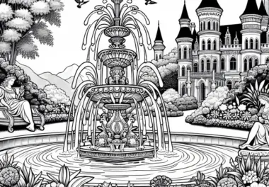 Schlossgarten mit Springbrunnen als Ausmalbild – Kostenloser Download
