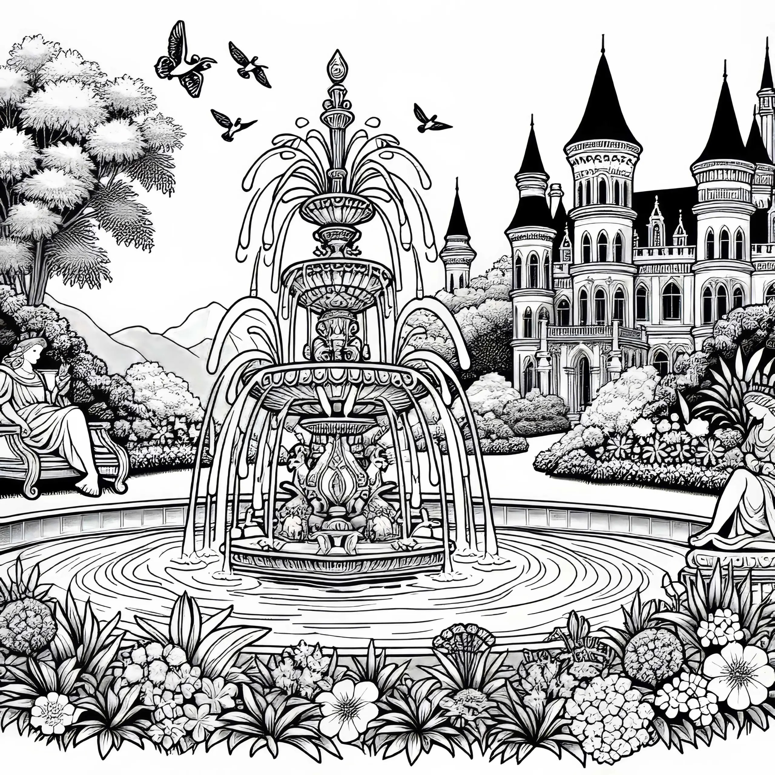 Schlossgarten mit Springbrunnen als Ausmalbild – Kostenloser Download