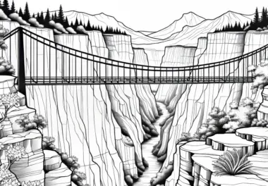 Schlucht mit Hängebücke über Abgrund eines Canyons – Ausmalbild kostenlos