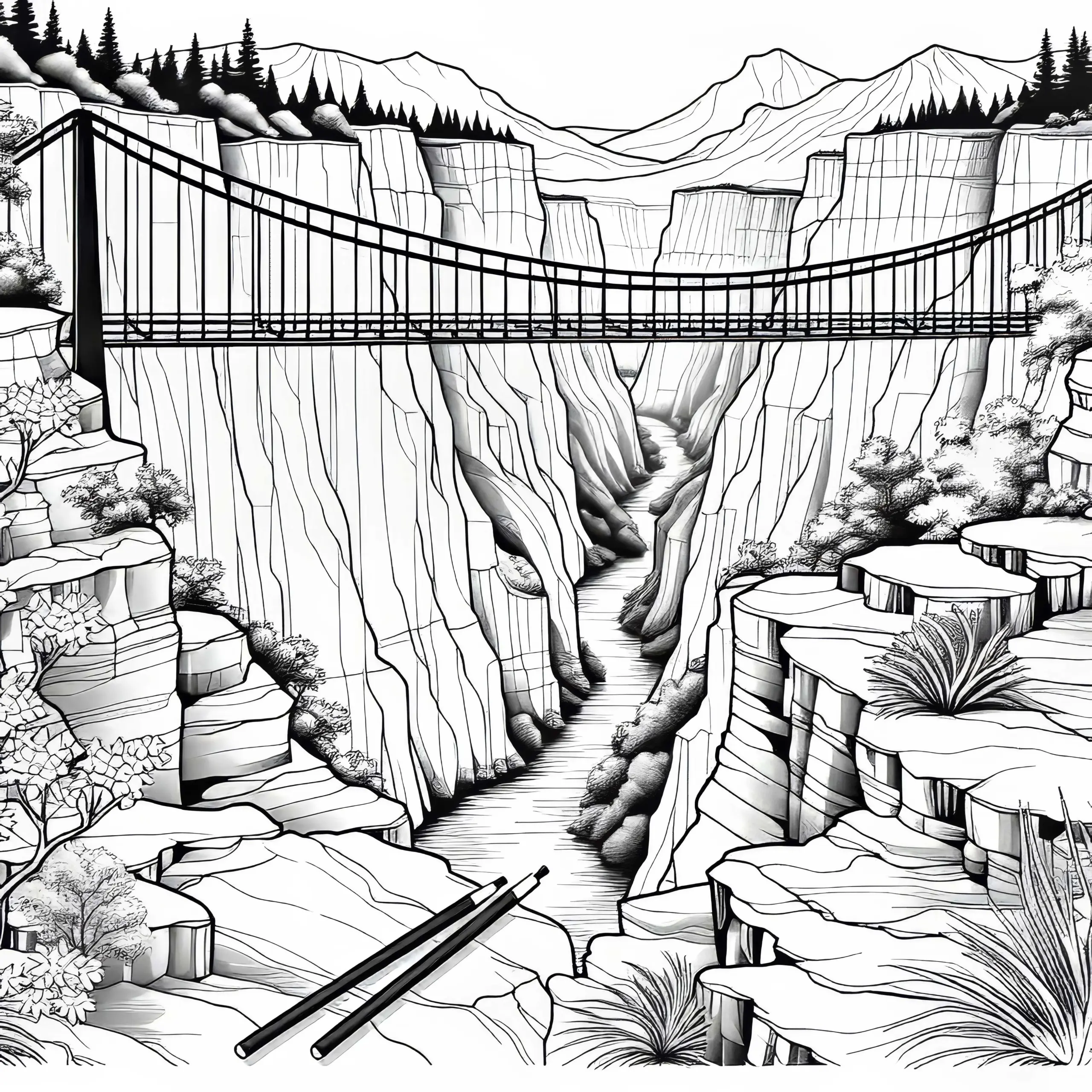 Schlucht mit Hängebücke über Abgrund eines Canyons – Ausmalbild kostenlos