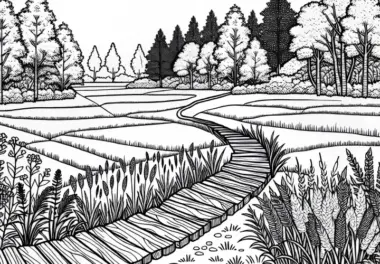 Schmaler Feldweg mit alten Holzplanken – Malvorlage kostenlos