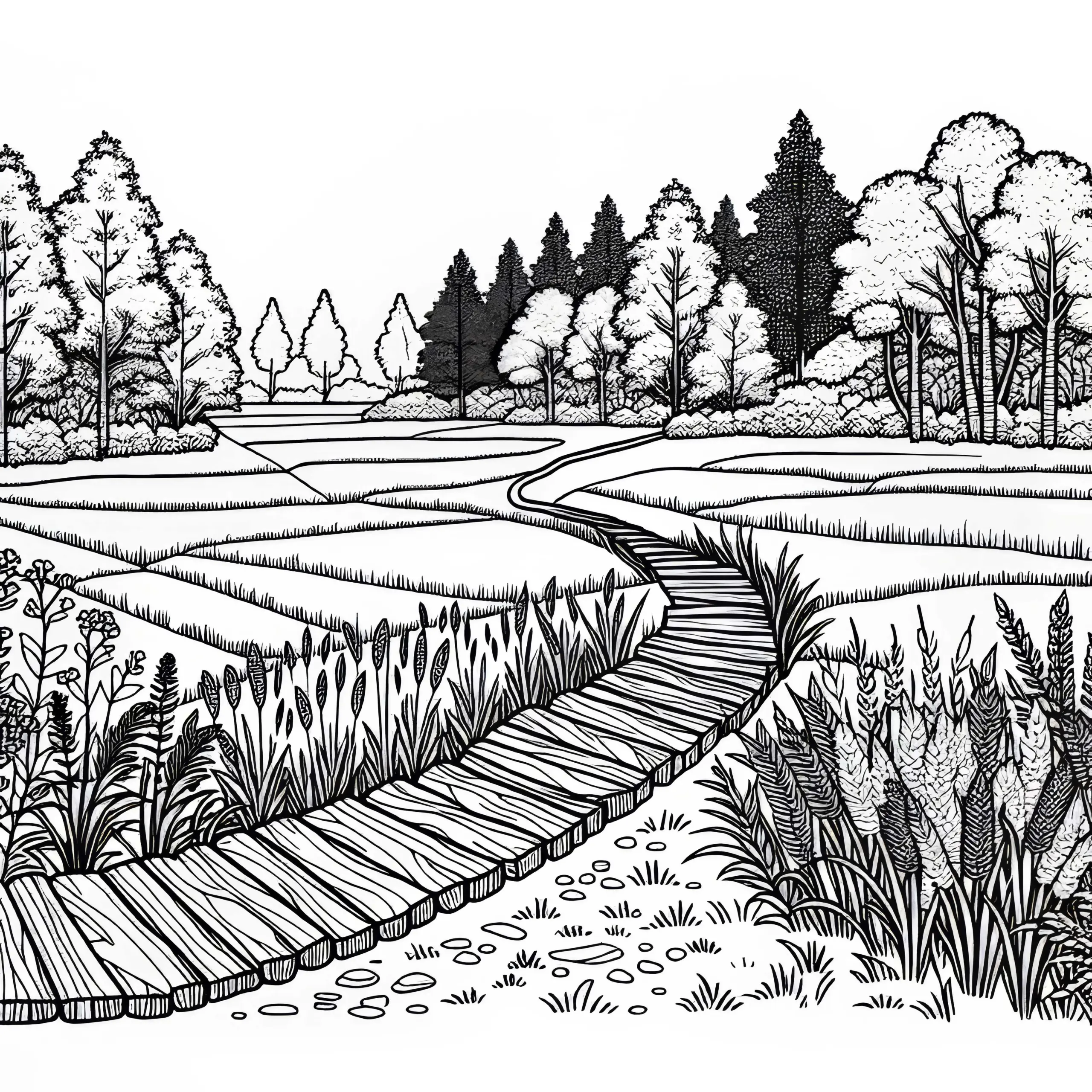 Schmaler Feldweg mit alten Holzplanken – Malvorlage kostenlos (Ausmalbild)