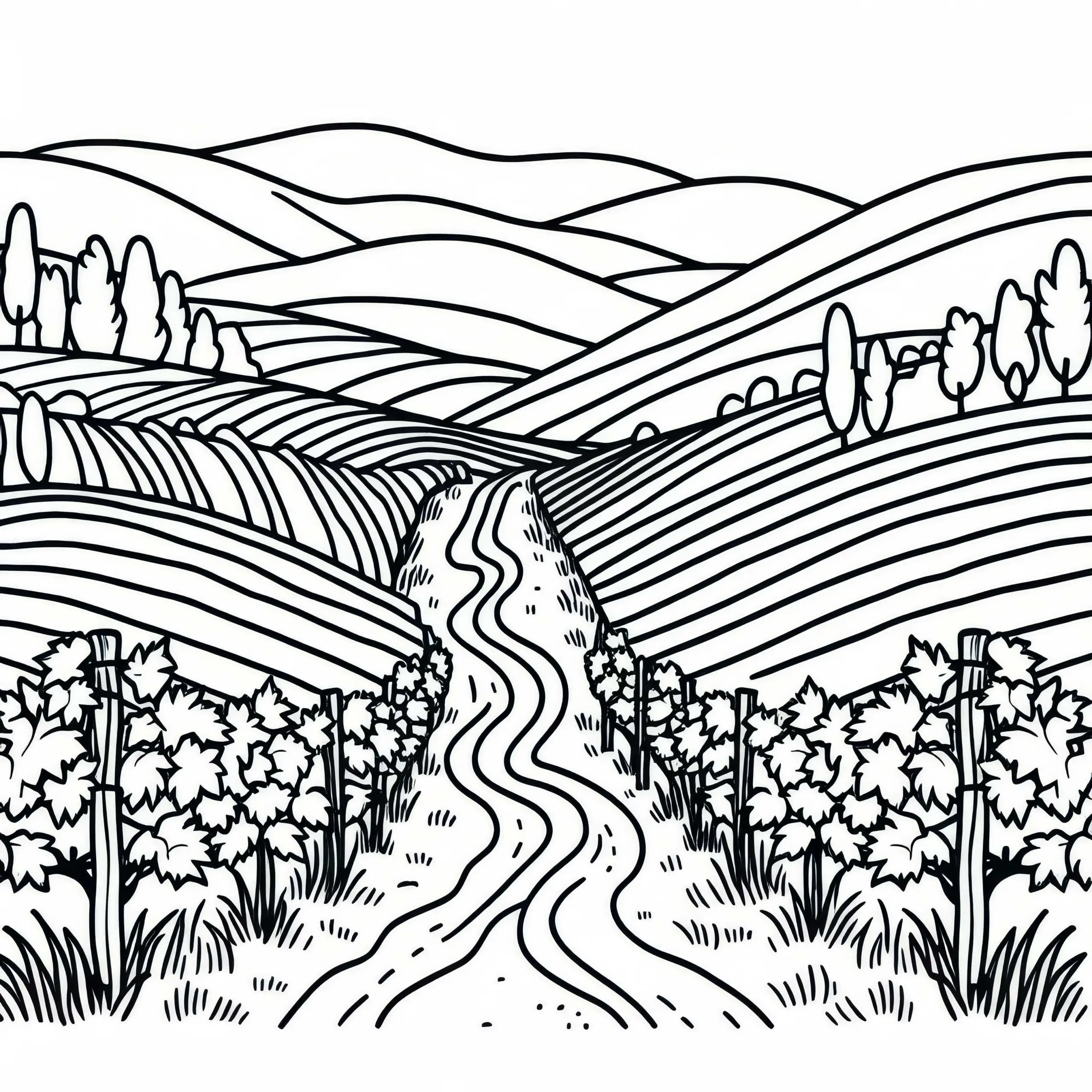 Schmaler Pfad zwischen Rebstöcken eines Weinbergs – Ausmalbild kostenlos