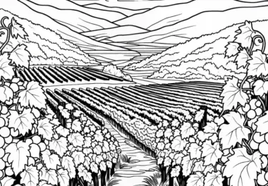 Schmaler Pfad zwischen Rebstöcken eines Weinbergs – Malvorlage kostenlos
