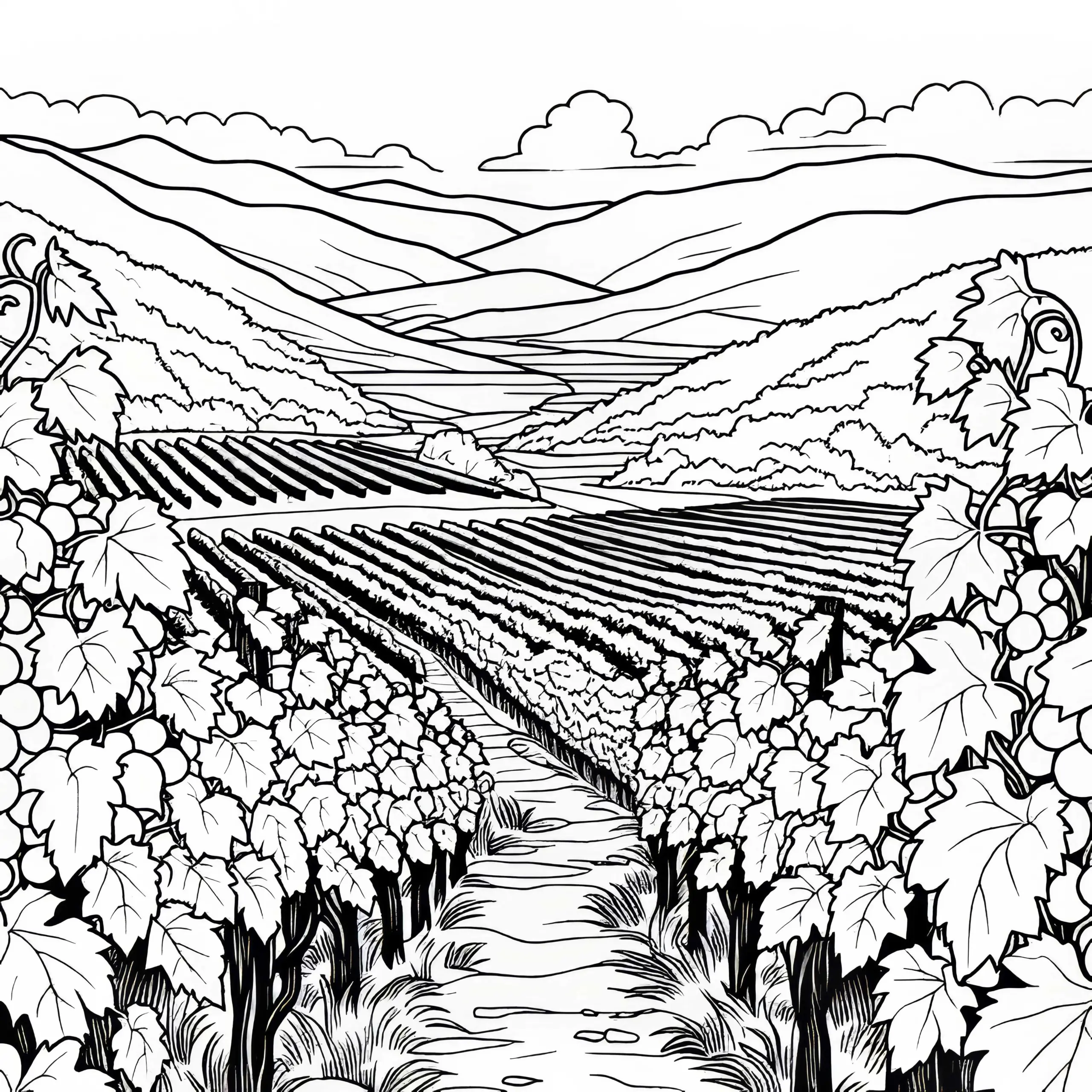 Schmaler Pfad zwischen Rebstöcken eines Weinbergs – Malvorlage kostenlos (Ausmalbild)