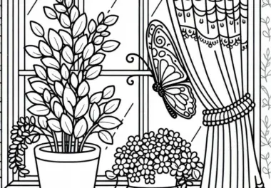 Ein Schmetterling auf der Fensterbank mit Topfpflanzen und Vorhang – Ausmalbild kostenlos