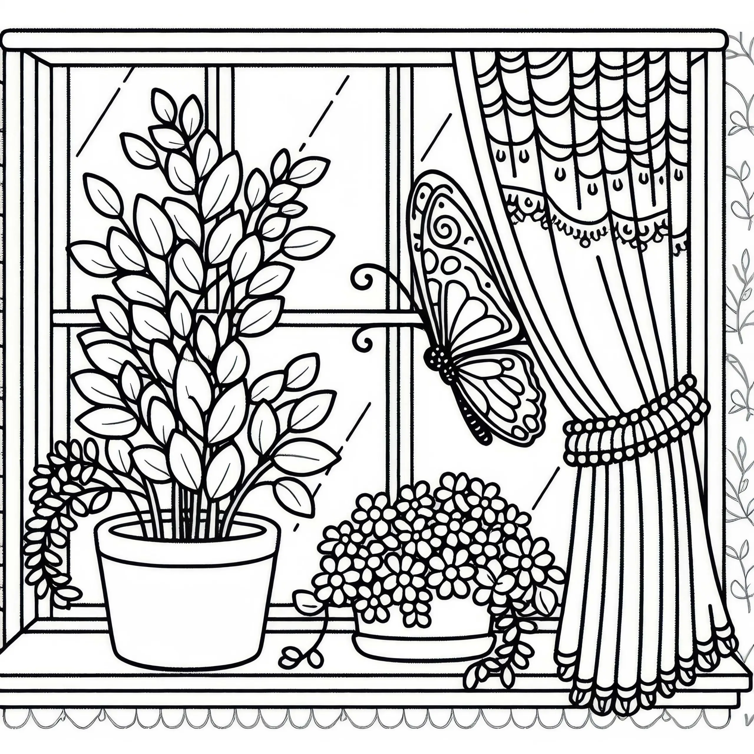 Ein Schmetterling auf der Fensterbank mit Topfpflanzen und Vorhang – Ausmalbild kostenlos