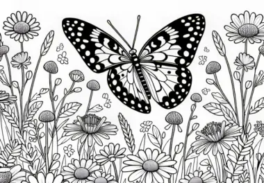 Schmetterling auf Wiese mit vielen Blumen – Ausmalbild kostenlos