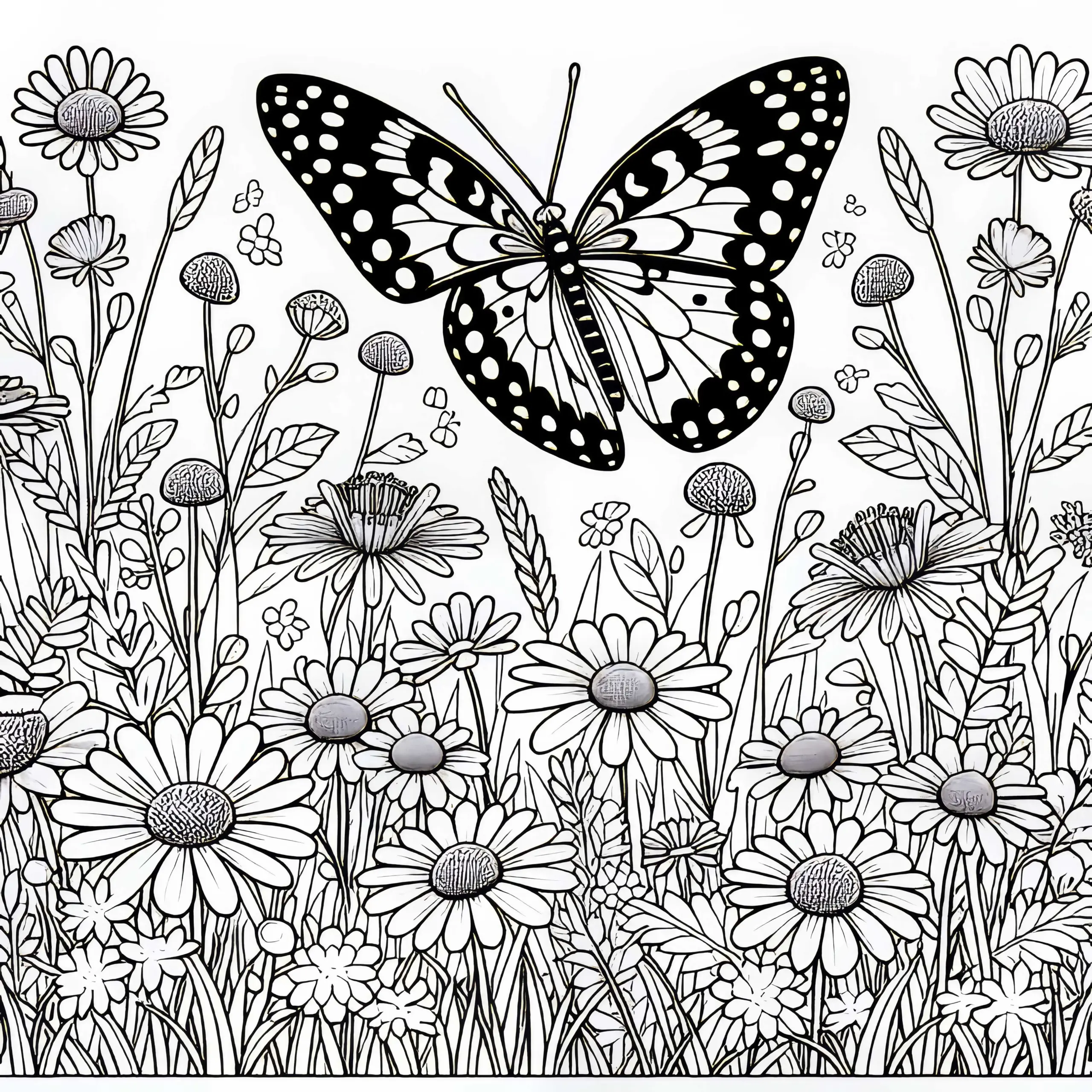 Schmetterling auf Wiese mit vielen Blumen – Ausmalbild kostenlos