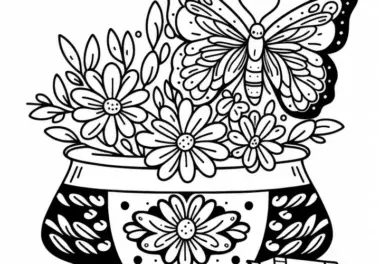 Schmetterling bei Blumenvase Malvorlage Gratis