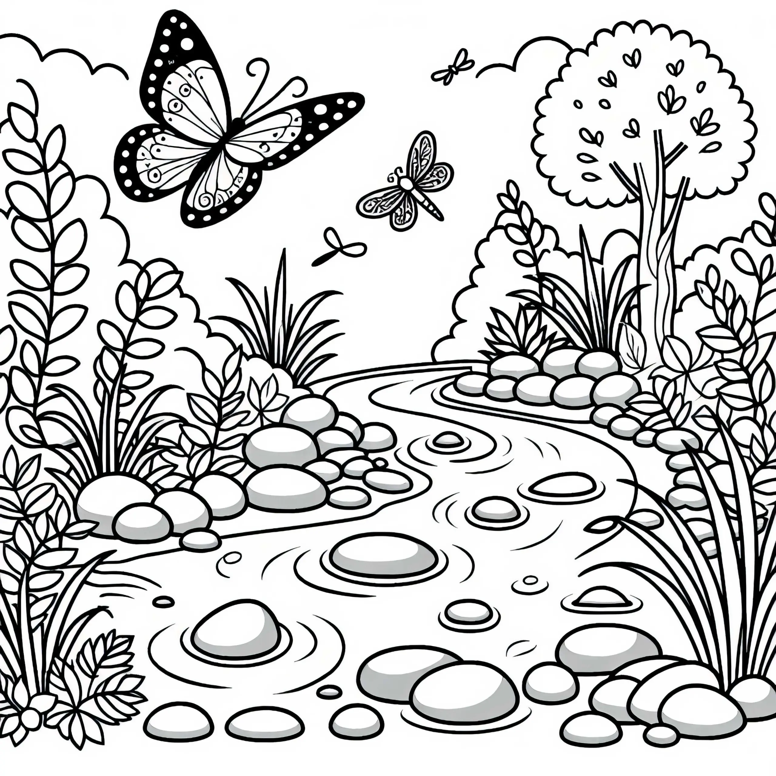 Schmetterling fliegt über Bach – Ausmalbild kostenlos