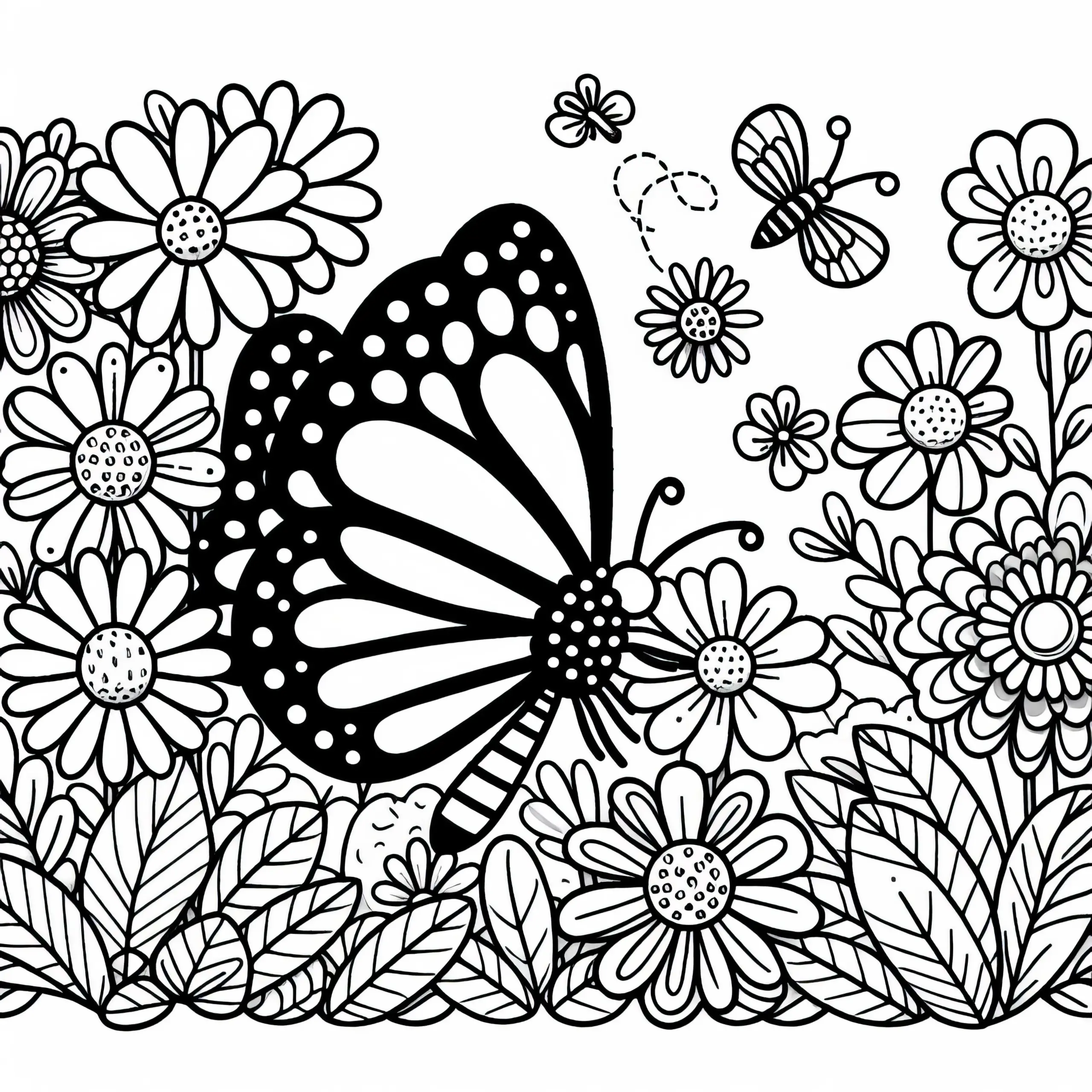 Schmetterling fliegt über Blumenbeet – Malvorlage kostenlos (Ausmalbild)