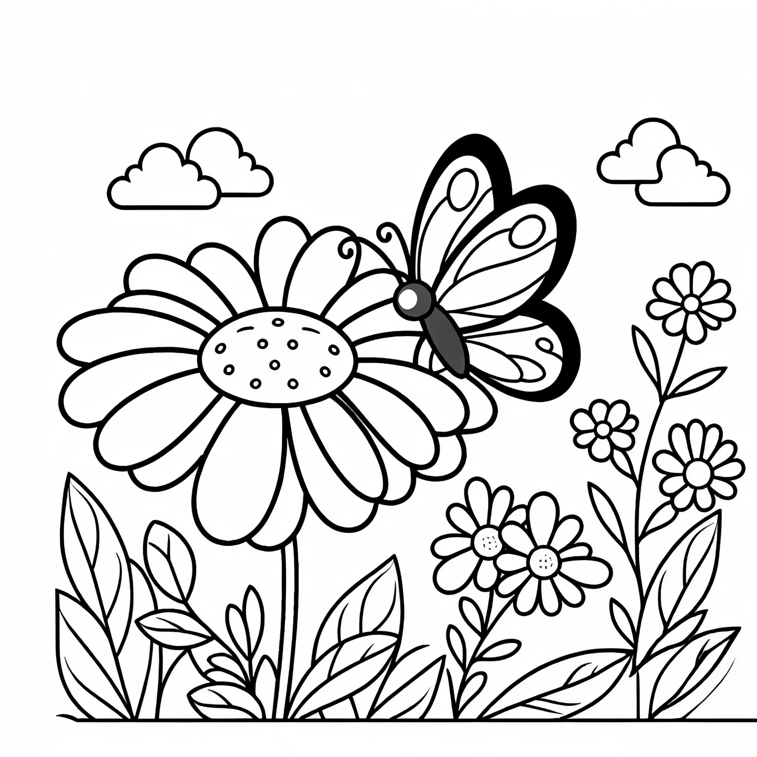 Schmetterling Landet Auf Blume – Malvorlage Einfach Für Kinder Gratis (Ausmalbild)