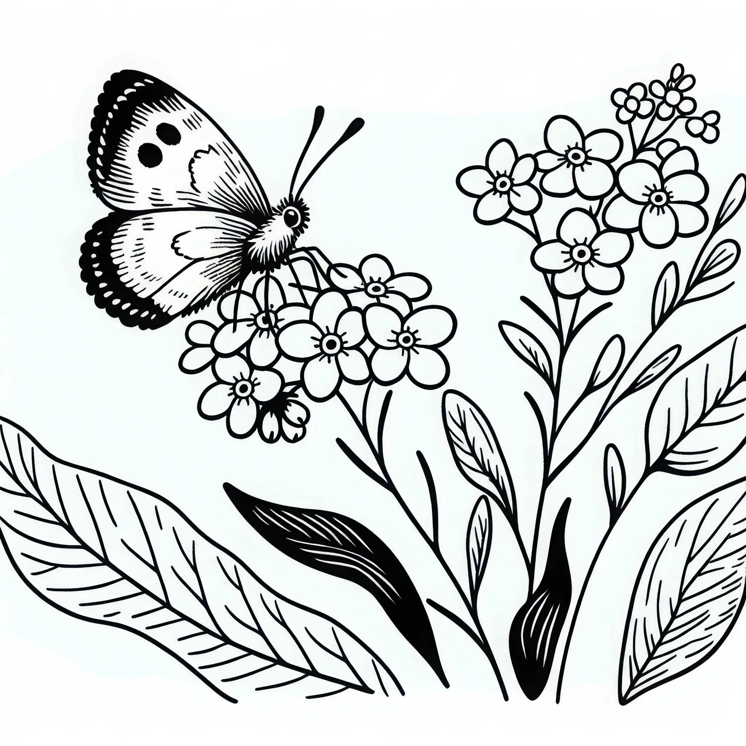 Schmetterling landet auf Blume – Vergissmeinnicht Malvorlage kostenlos herunterladen (Ausmalbild)