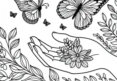 Schmetterling landet auf Hand – Ausmalbild kostenlos