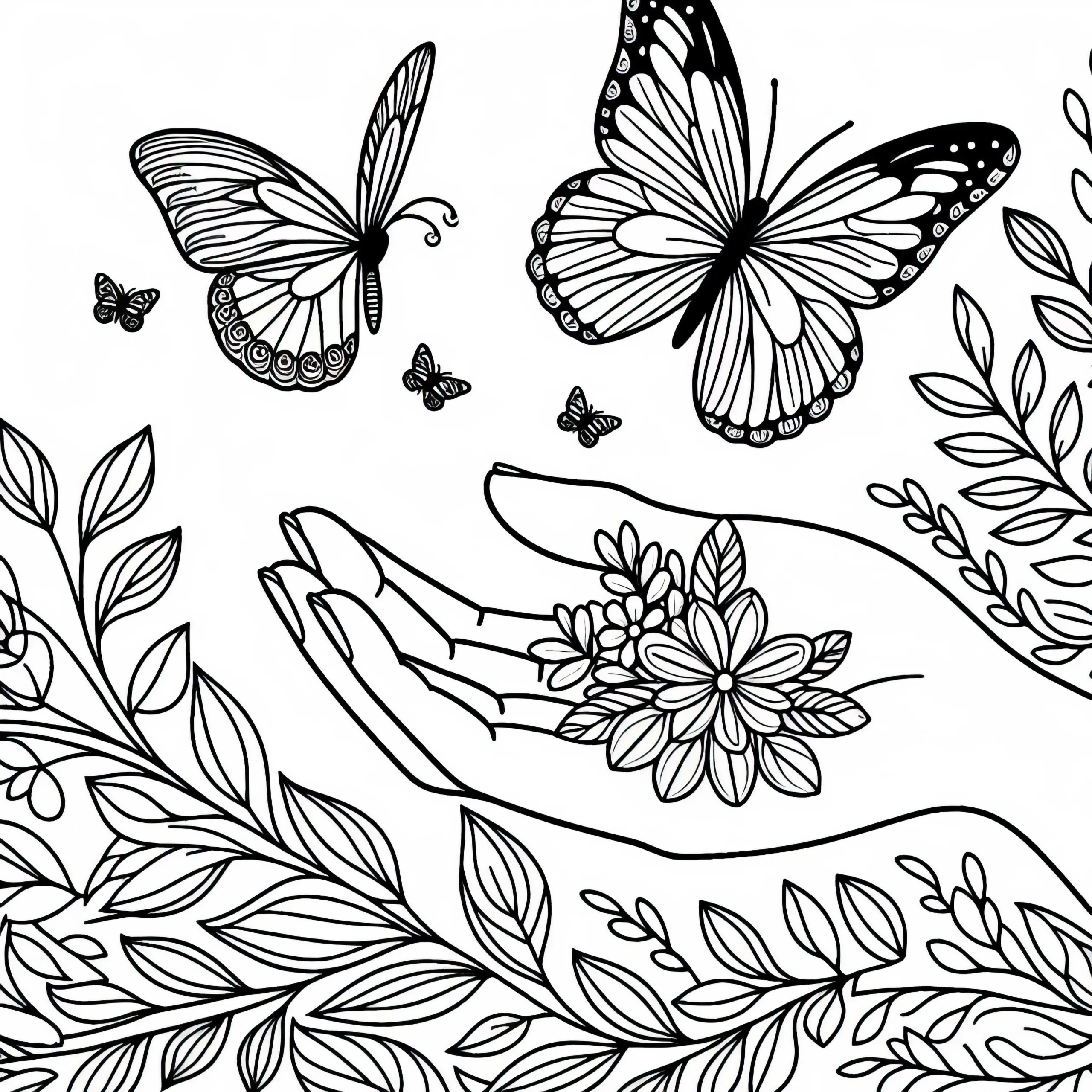 Schmetterling landet auf Hand – Ausmalbild kostenlos