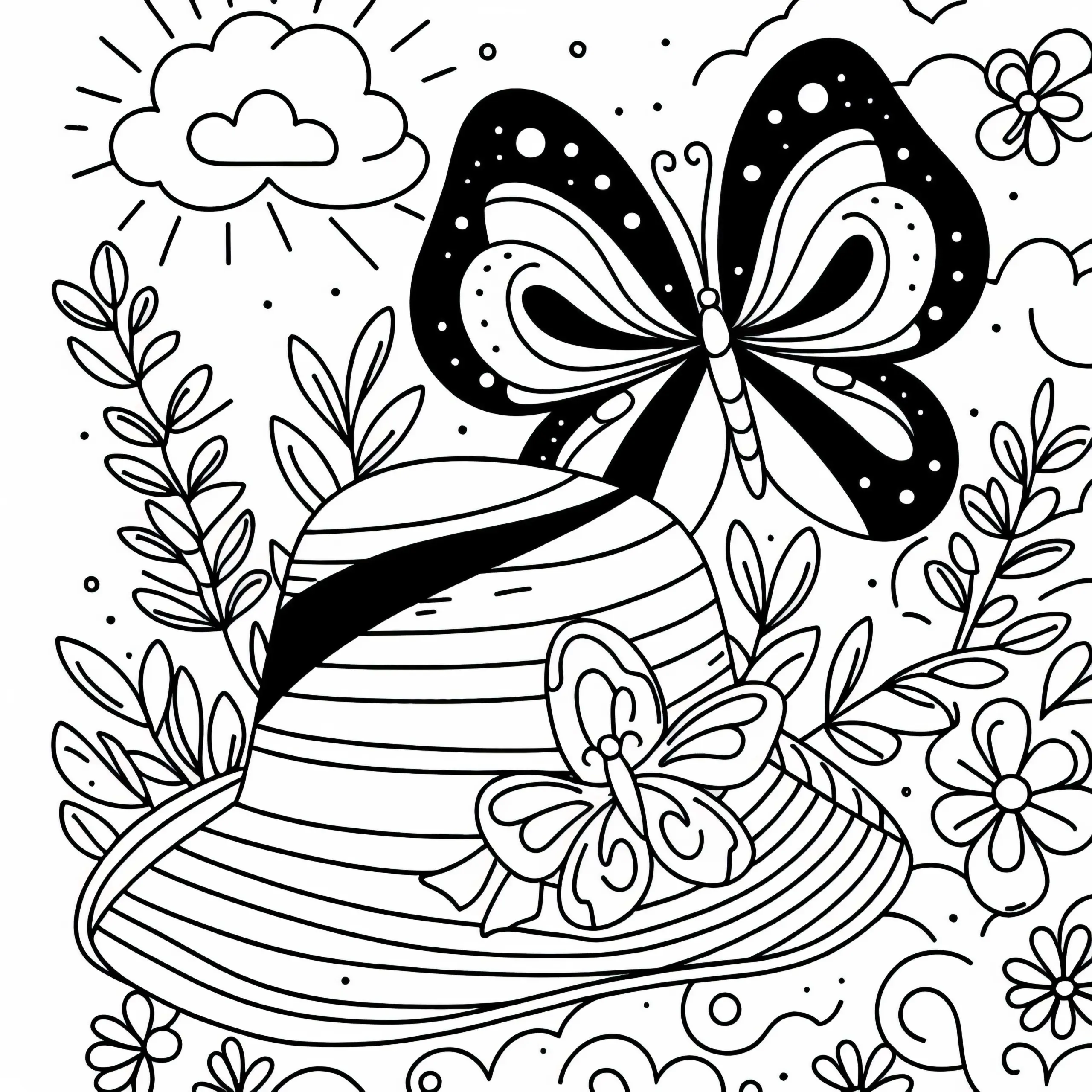 Schmetterling landet auf Hut – Malvorlage für Mädchen ab drei kostenlos (Ausmalbild)