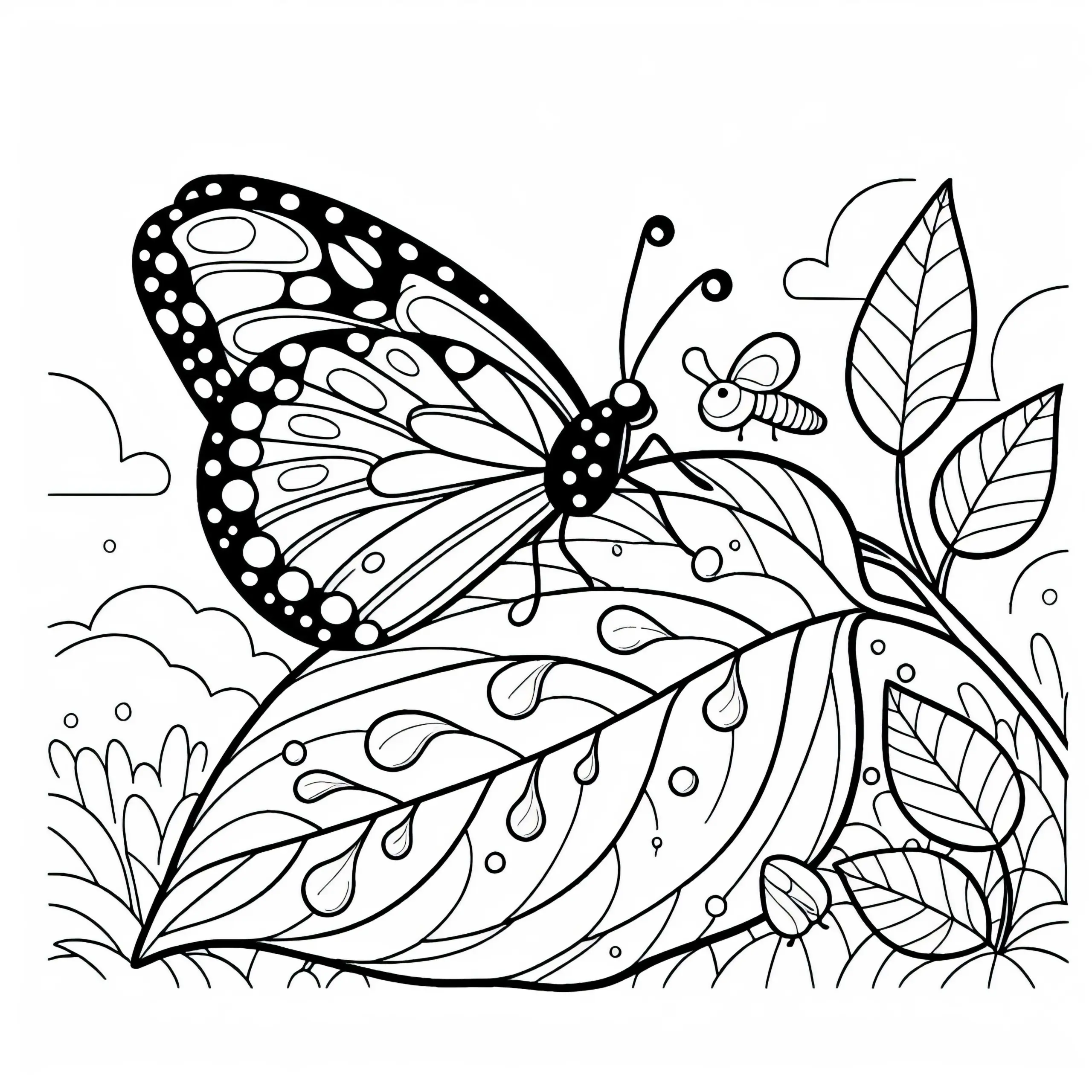 Schmetterling Ruht Auf Blatt Mit Morgentau – Ausmalbild Kostenlos
