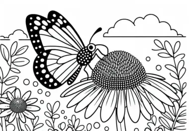 Schmetterling saugt Nektar aus Blume Sonnenhut – Malvorlage gratis