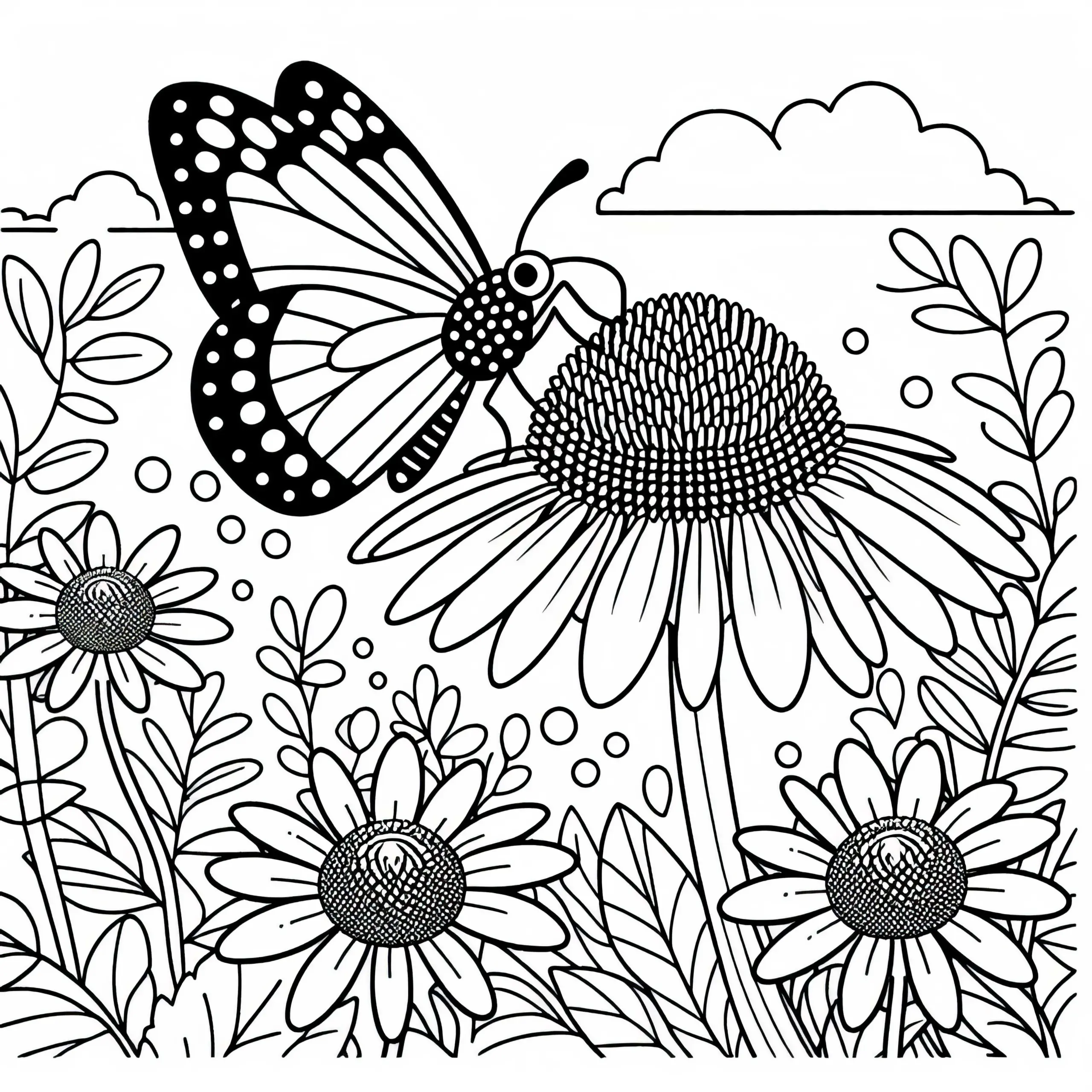 Schmetterling saugt Nektar aus Blume Sonnenhut – Malvorlage gratis (Ausmalbild)