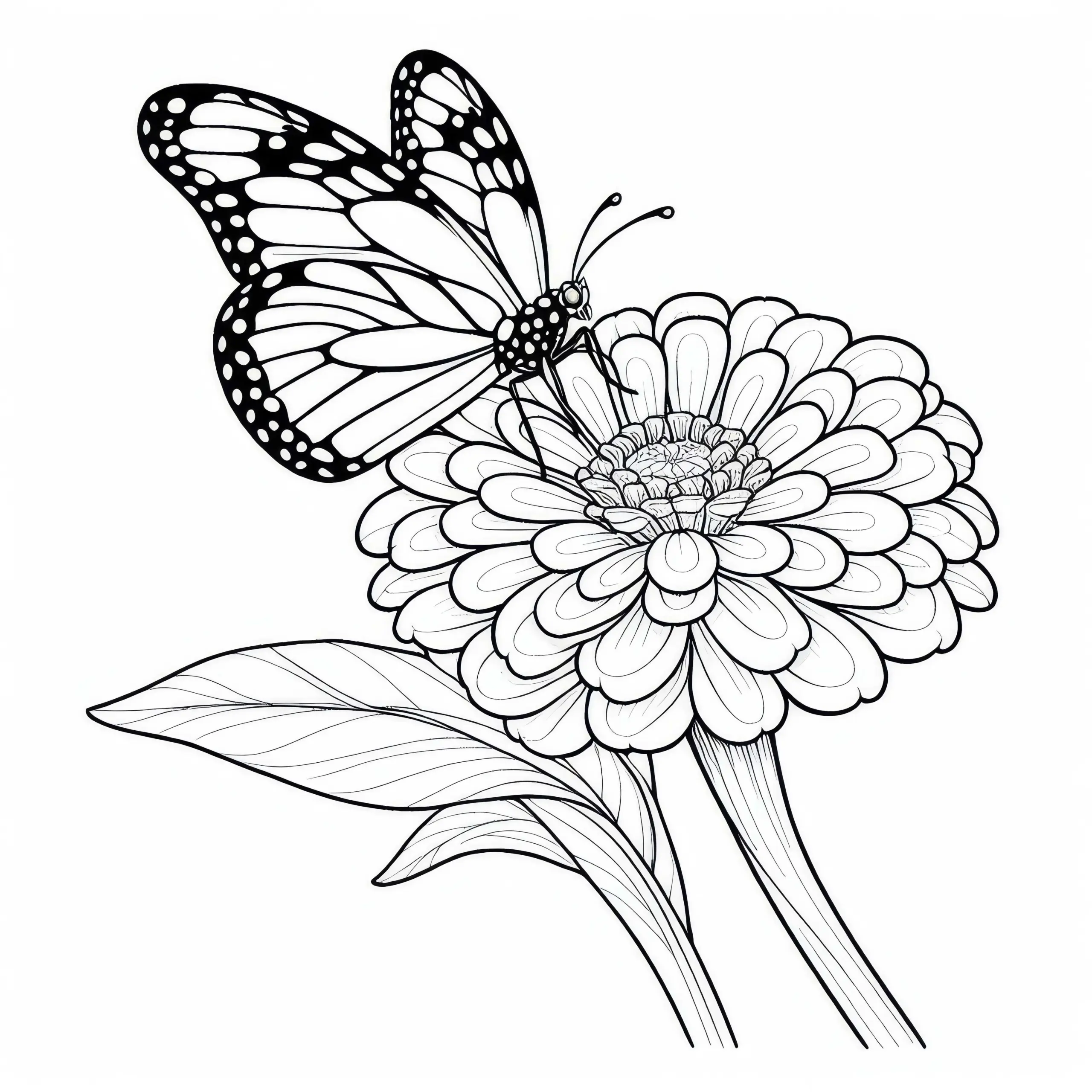 Schmetterling sitzt auf Blume Zinnie Malvorlage Kostenlos (Ausmalbild)