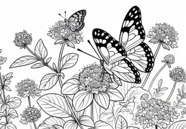 Schmetterling sitzt auf Minzblüte – Malvorlage für den Kräutergarten kostenlos downloaden