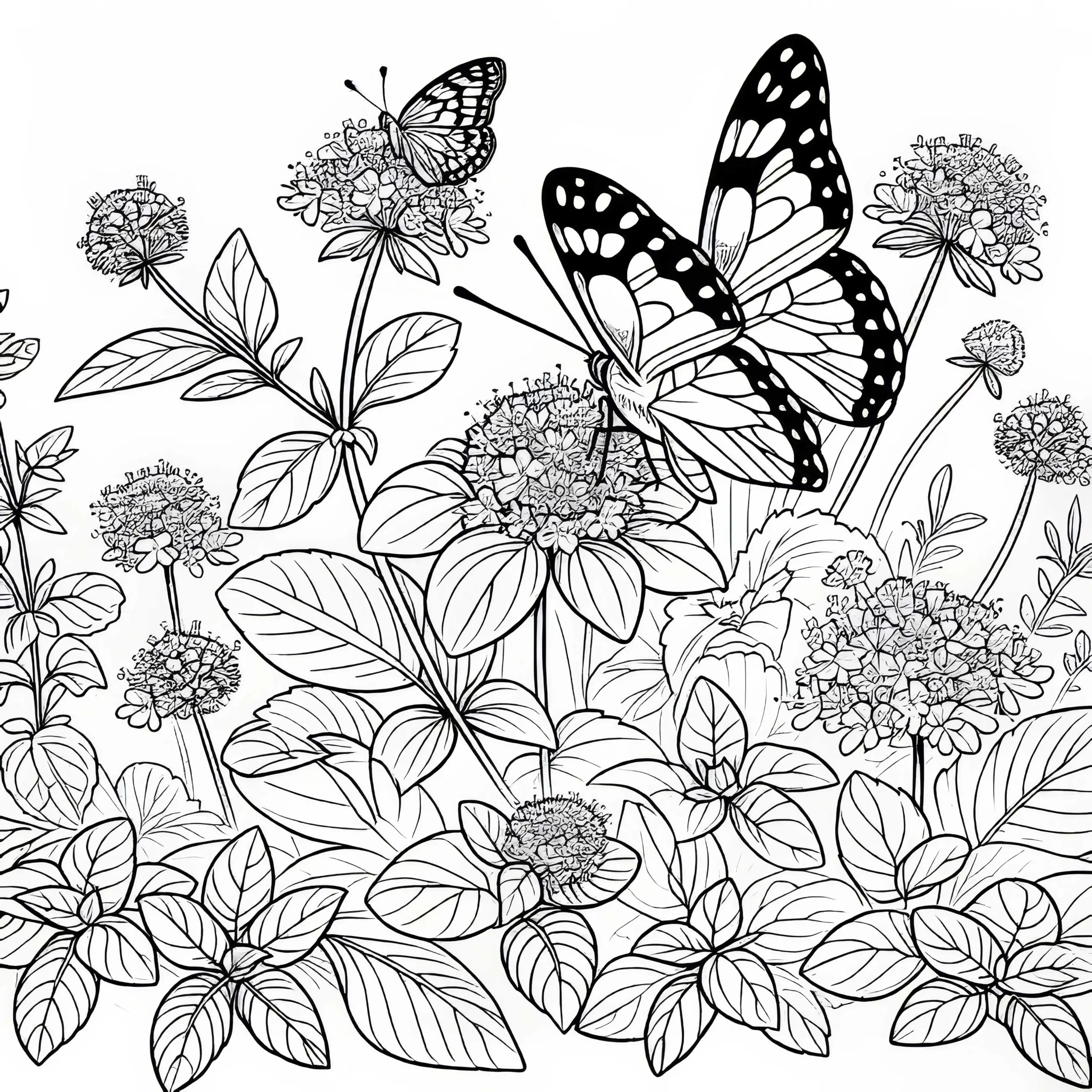 Schmetterling sitzt auf Minzblüte – Malvorlage für den Kräutergarten kostenlos downloaden (Ausmalbild)