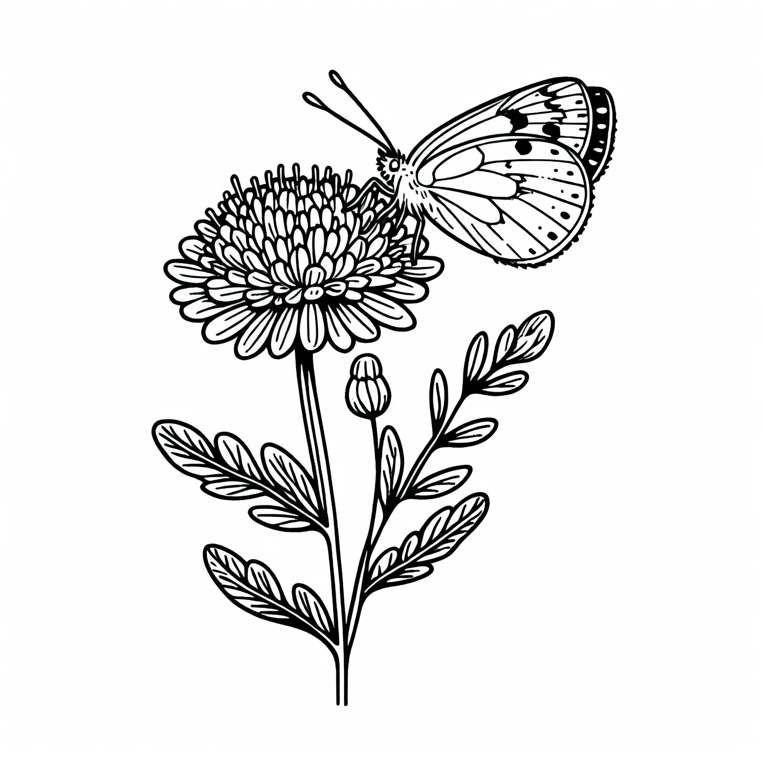 Schmetterling sitzt auf Wildblume – Malvorlage kostenlos (Ausmalbild)