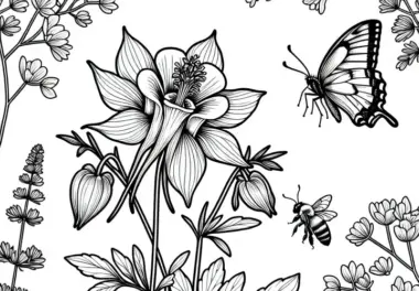 Schmetterling und Biene bei Blume Akelei – Ausmalbild kostenlos