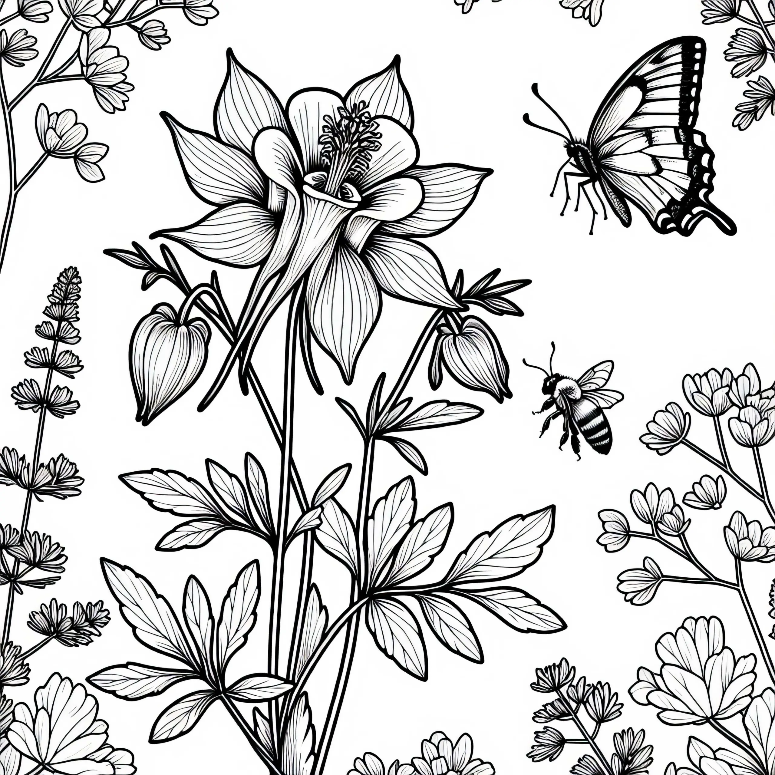 Schmetterling und Biene bei Blume Akelei – Ausmalbild kostenlos